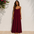 Women's wine red backless cami maxi dress with a relaxed flowing fit.