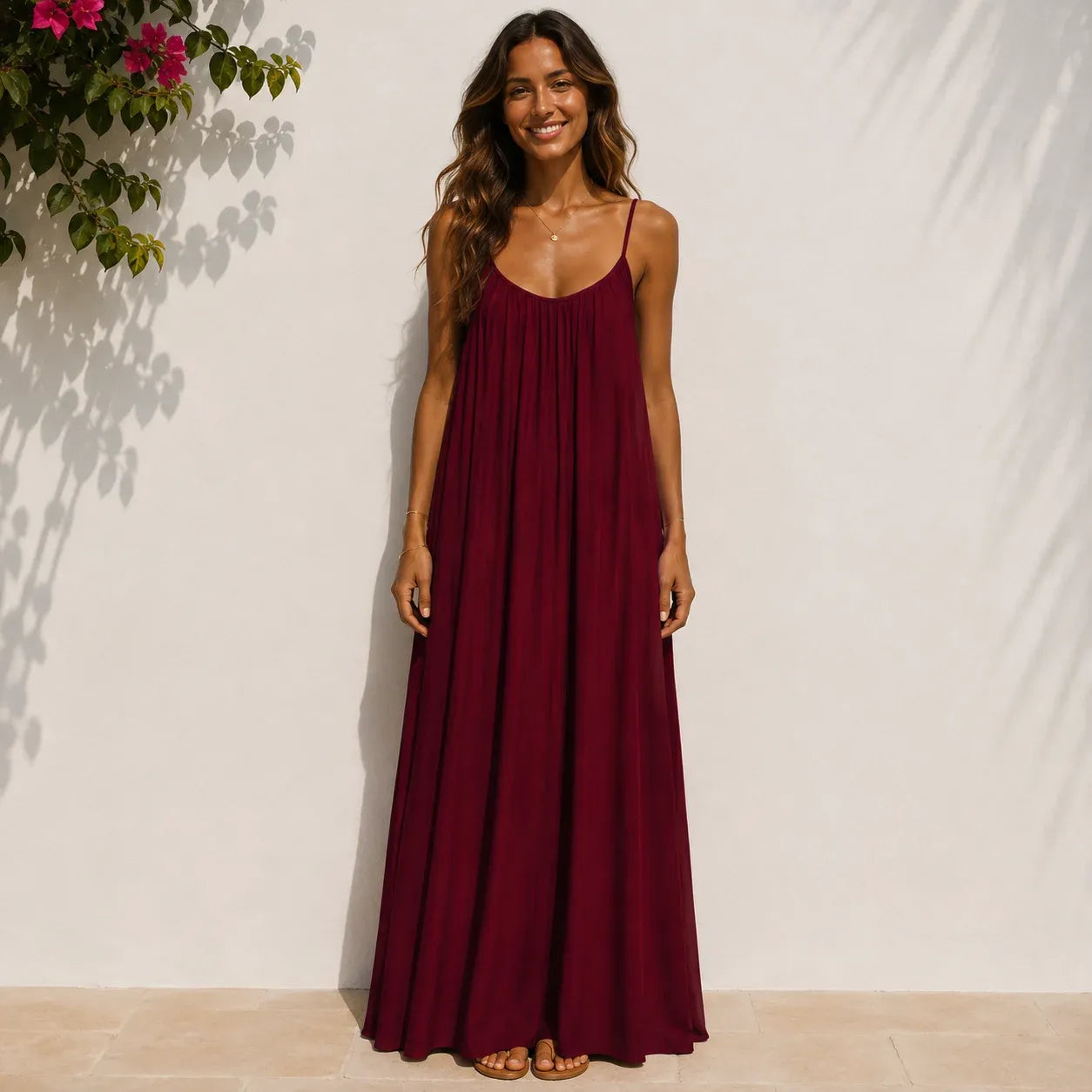 Women's wine red backless cami maxi dress with a relaxed flowing fit.