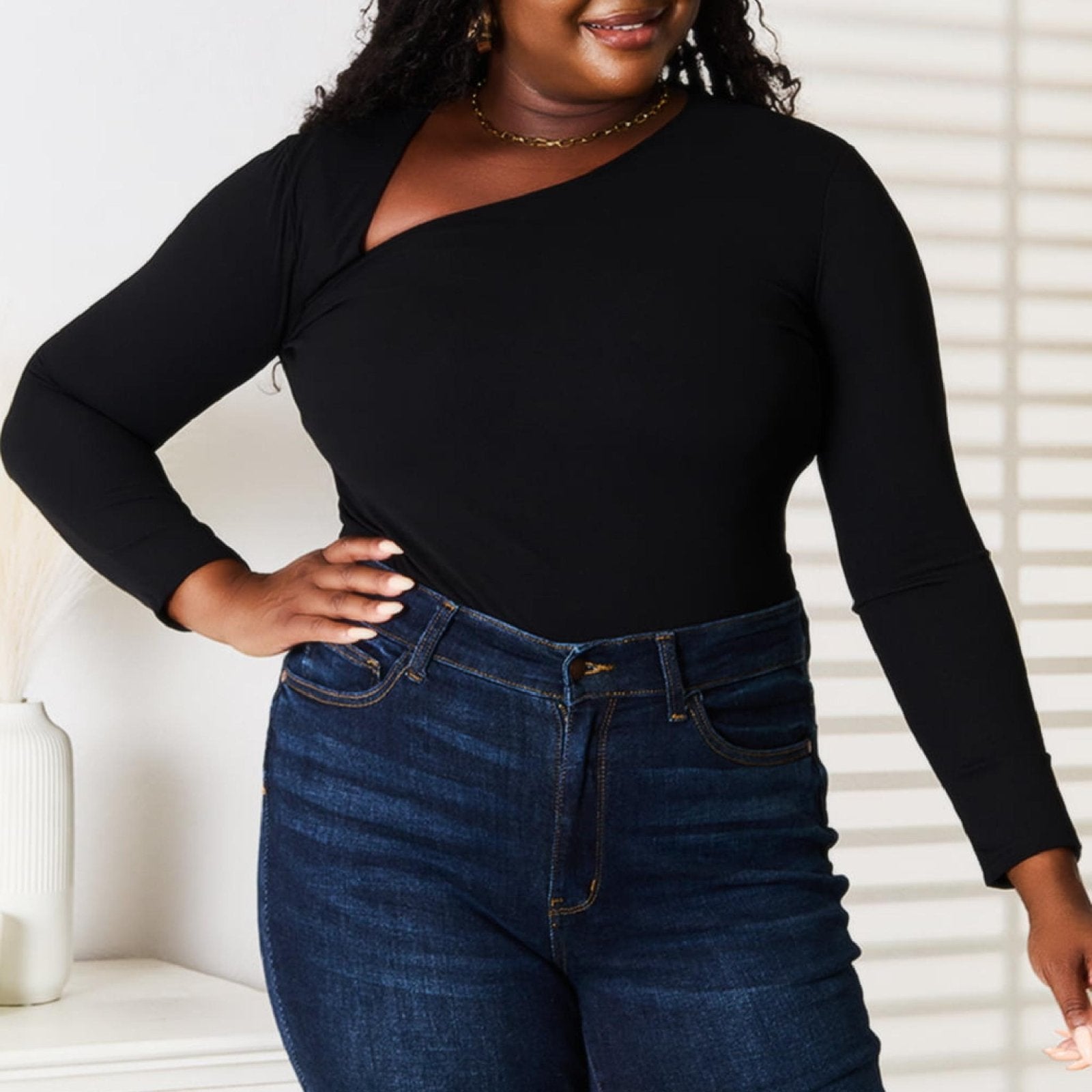 Basic Bae Women's Asymmetrical Neck Long Sleeve Top Black-Trendsi - Solazura Boutique