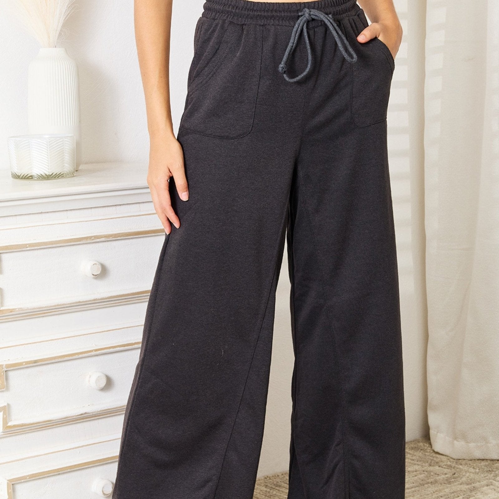 Basic Bae Women's Wide Leg Pocketed Pants Dark Gray-Trendsi - Solazura Boutique