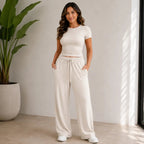 Beige fitted top and wide-leg pants set for women