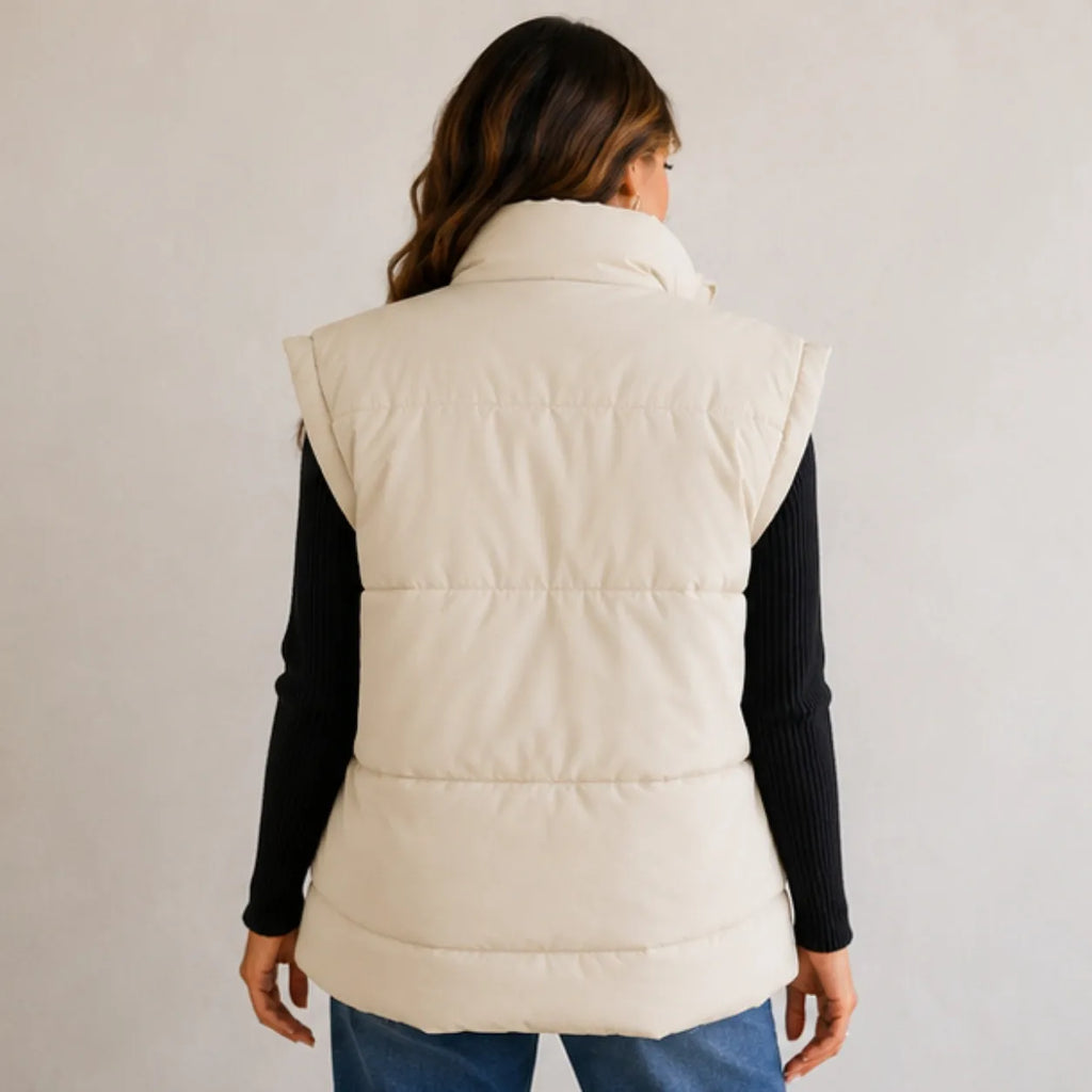 Beige Oversized Collar Puffer Vest