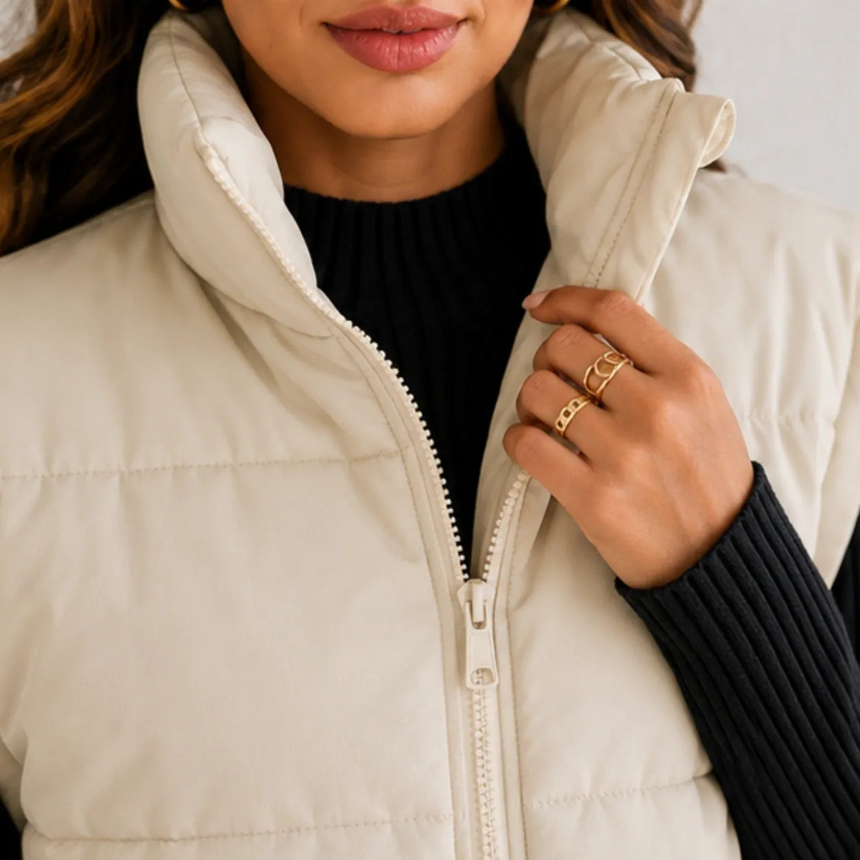 Beige Oversized Collar Puffer Vest