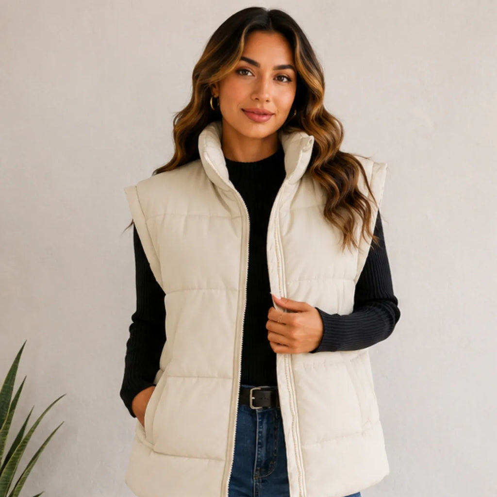 Beige Oversized Collar Puffer Vest