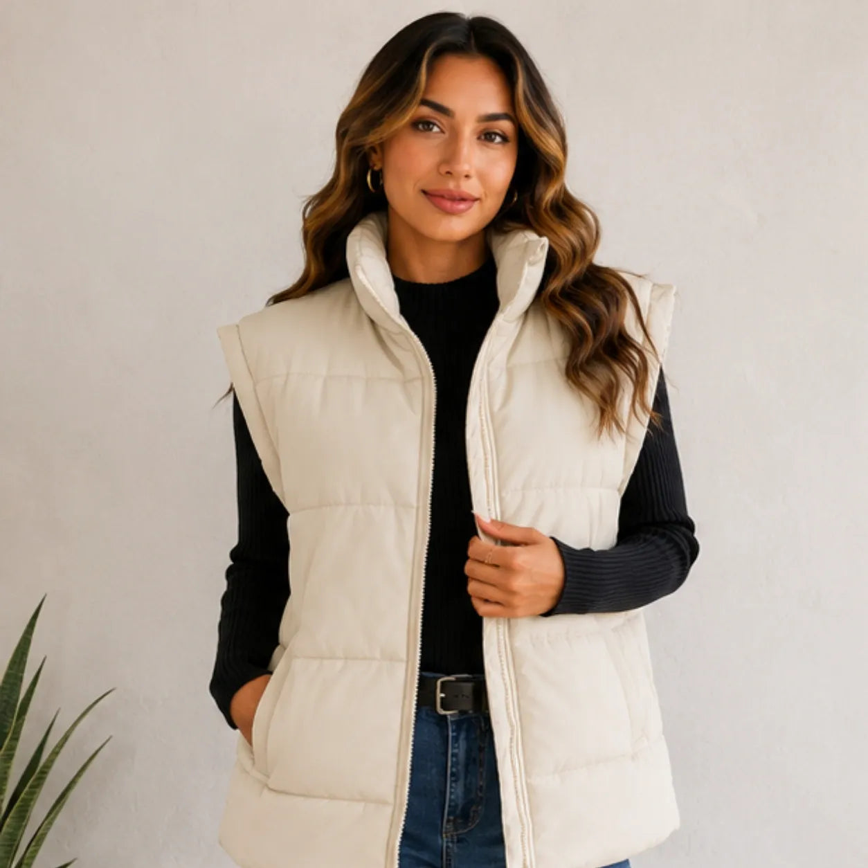 Beige Oversized Collar Puffer Vest