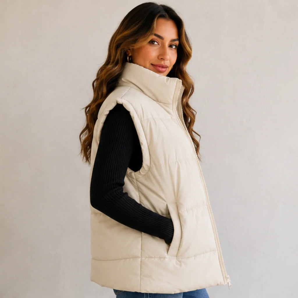 Beige Oversized Collar Puffer Vest