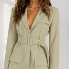 Belted V-Neck Utility Blazer in green, close-up view showing lapel collar, belt, and utility pockets