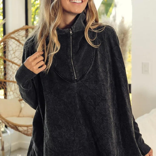 Bibi Vintage Washed Quilted Half-Zip Mock Neck Top-Trendsi - Solazura Boutique