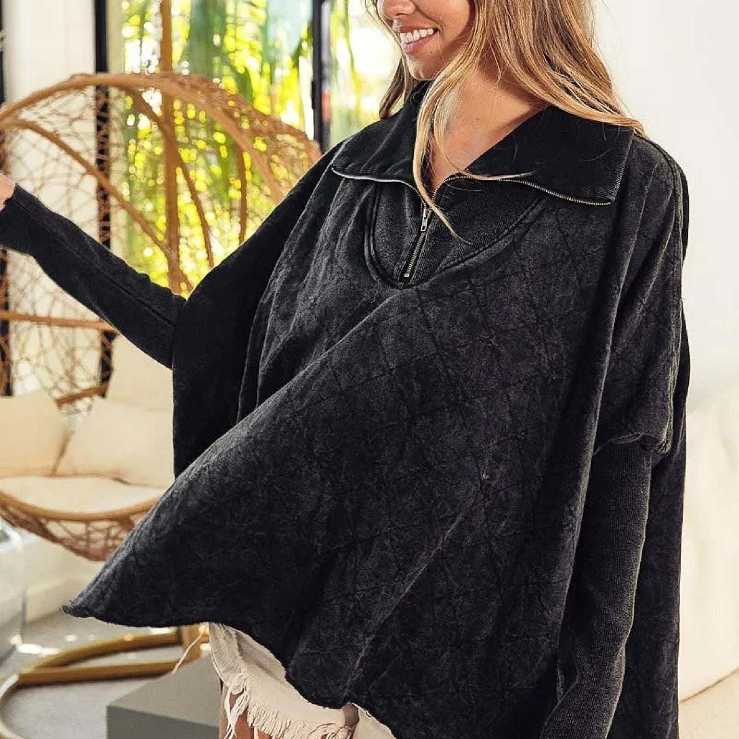 Bibi Vintage Washed Quilted Half-Zip Mock Neck Top-Trendsi - Solazura Boutique