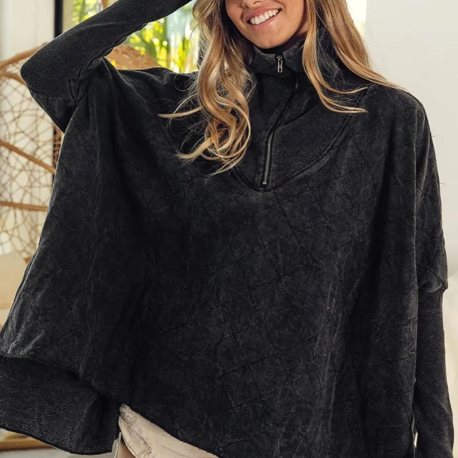 Bibi Vintage Washed Quilted Half-Zip Mock Neck Top-Trendsi - Solazura Boutique