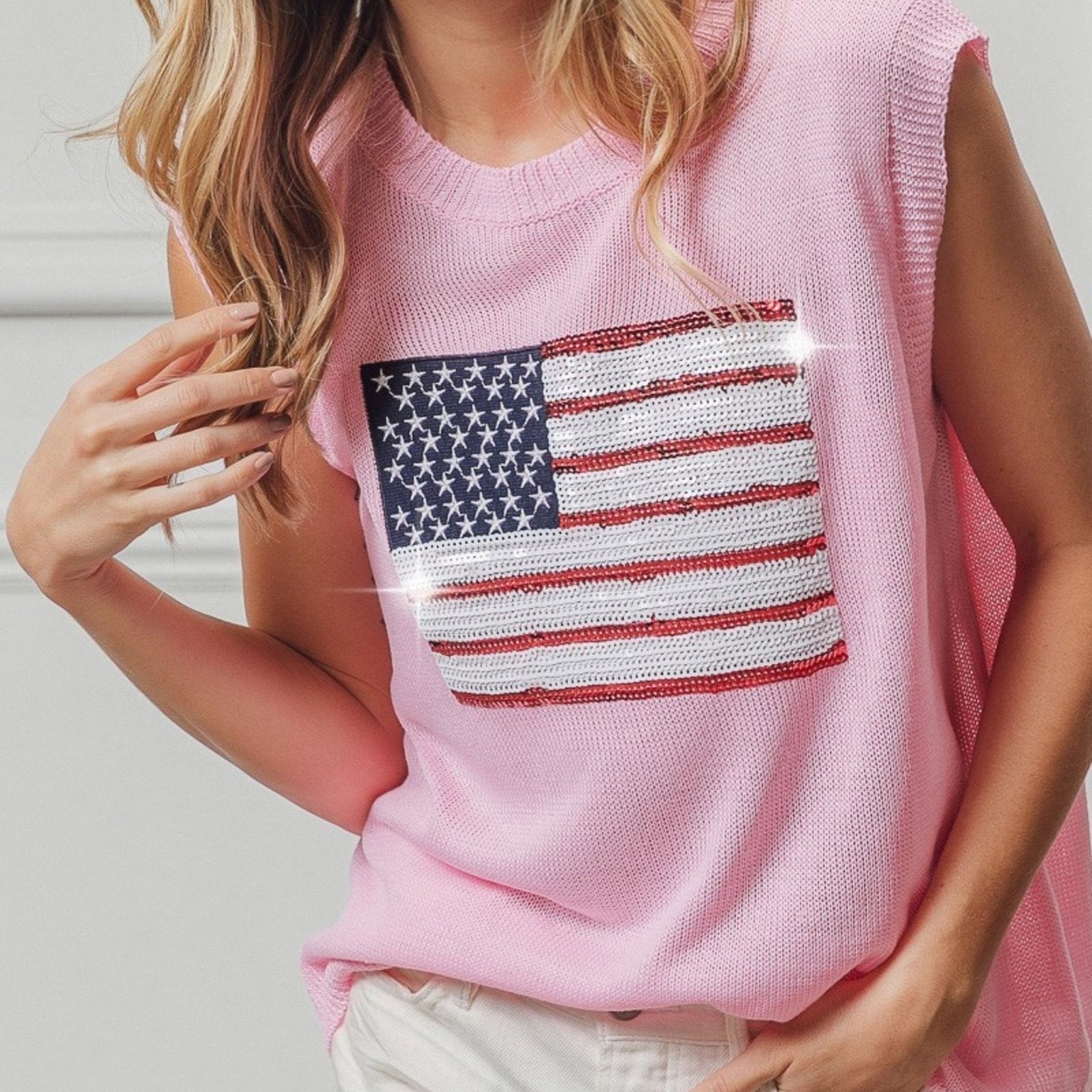 BiBi Women's American Flag Sequin Top-Trendsi - Solazura Boutique