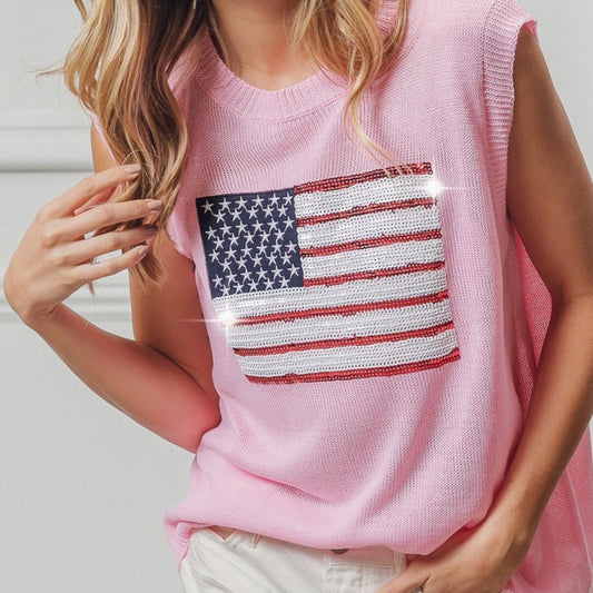 BiBi Women's American Flag Sequin Top-Trendsi - Solazura Boutique