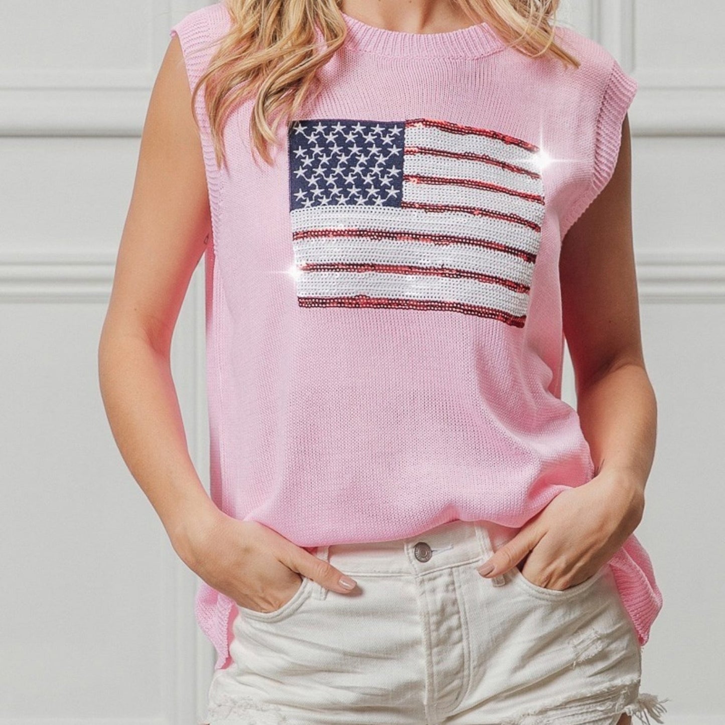 BiBi Women's American Flag Sequin Top-Trendsi - Solazura Boutique