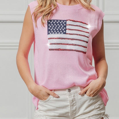 BiBi Women's American Flag Sequin Top-Trendsi - Solazura Boutique