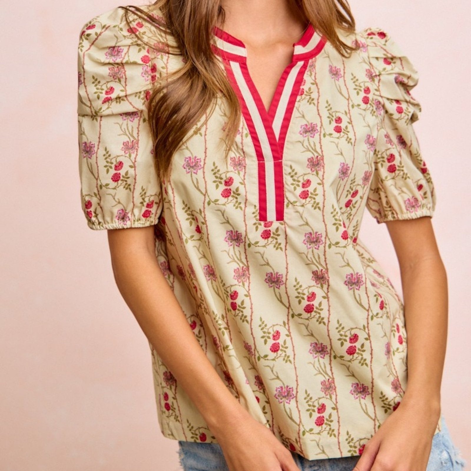 BiBi Women's Floral Puff Sleeve Blouse-Trendsi - Solazura Boutique
