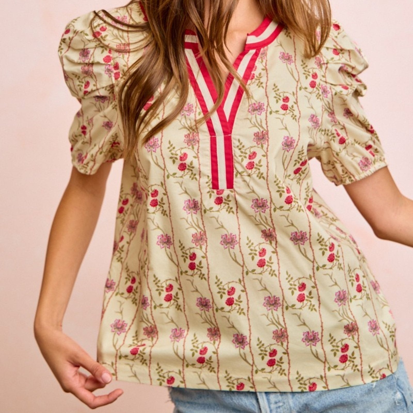 BiBi Women's Floral Puff Sleeve Blouse-Trendsi - Solazura Boutique