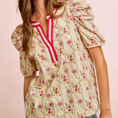 BiBi Women's Floral Puff Sleeve Blouse-Trendsi - Solazura Boutique