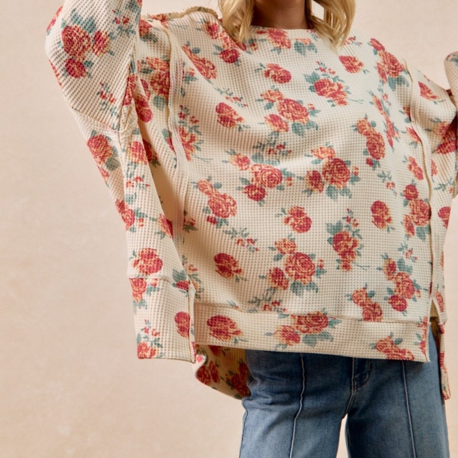 BiBi Women's Floral Waffle Thermal Sweatshirt-Trendsi - Solazura Boutique