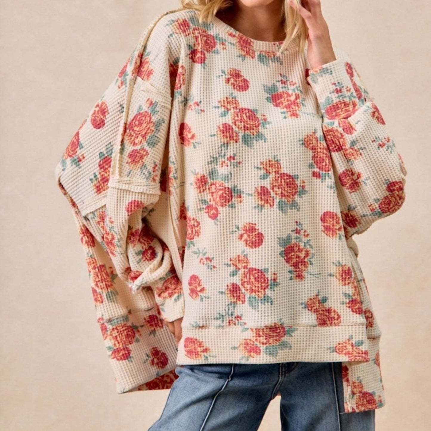 BiBi Women's Floral Waffle Thermal Sweatshirt-Trendsi - Solazura Boutique