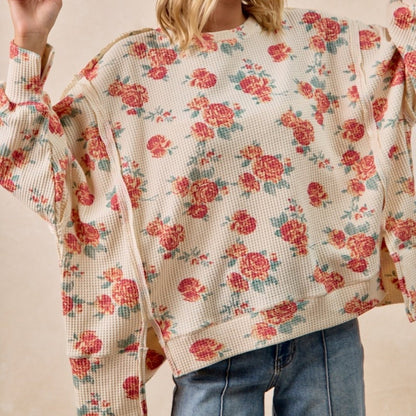 BiBi Women's Floral Waffle Thermal Sweatshirt-Trendsi - Solazura Boutique