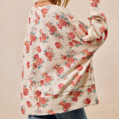 BiBi Women's Floral Waffle Thermal Sweatshirt-Trendsi - Solazura Boutique