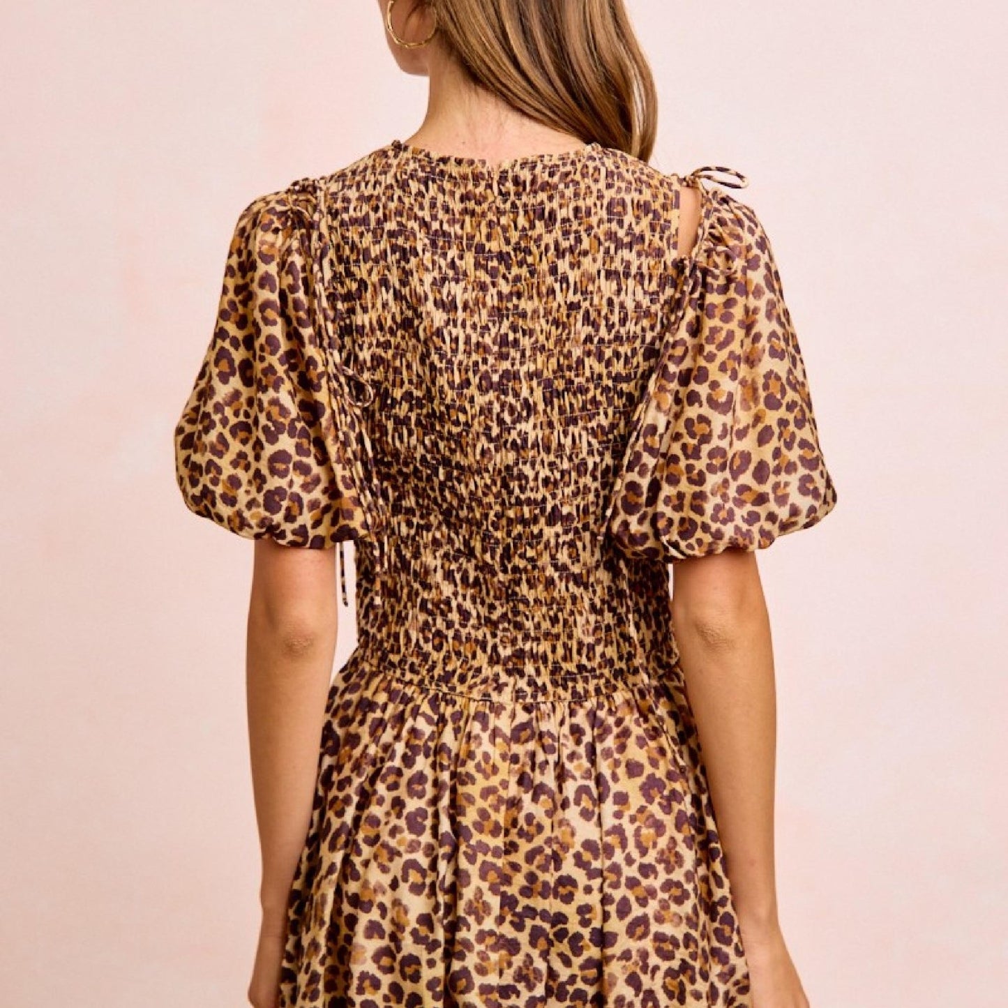 BiBi Women's Leopard Print Midi Puff Sleeve Dress-Trendsi - Solazura Boutique
