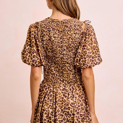 BiBi Women's Leopard Print Midi Puff Sleeve Dress-Trendsi - Solazura Boutique