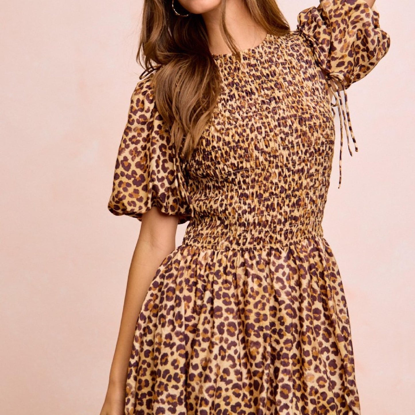 BiBi Women's Leopard Print Midi Puff Sleeve Dress-Trendsi - Solazura Boutique