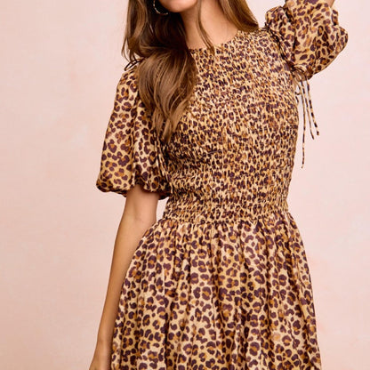 BiBi Women's Leopard Print Midi Puff Sleeve Dress-Trendsi - Solazura Boutique