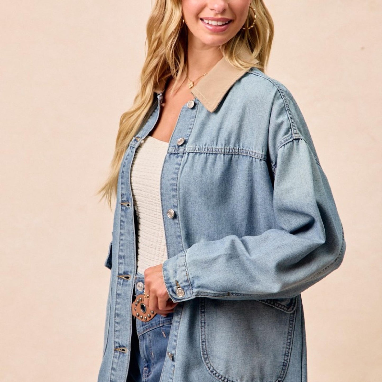 BiBi Women's Washed Denim Jacket with Contrast Collar-Trendsi - Solazura Boutique