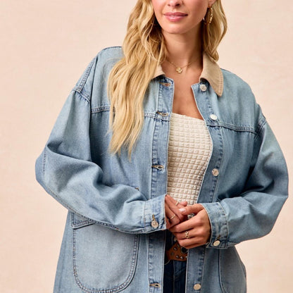 BiBi Women's Washed Denim Jacket with Contrast Collar-Trendsi - Solazura Boutique