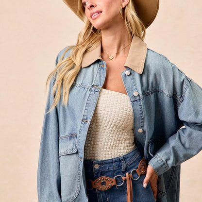 BiBi Women's Washed Denim Jacket with Contrast Collar-Trendsi - Solazura Boutique