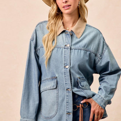 BiBi Women's Washed Denim Jacket with Contrast Collar-Trendsi - Solazura Boutique
