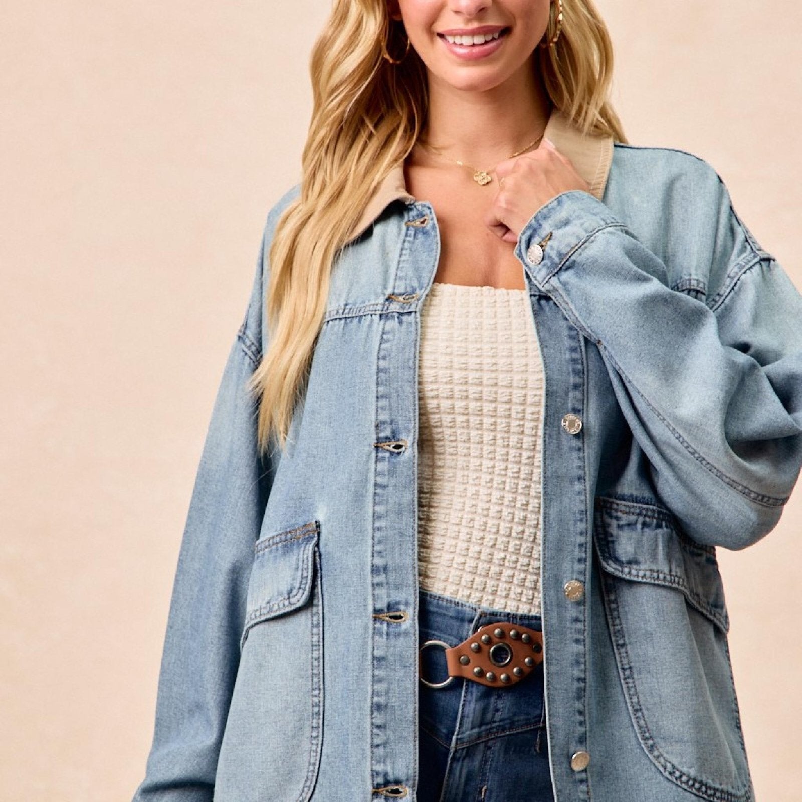 BiBi Women's Washed Denim Jacket with Contrast Collar-Trendsi - Solazura Boutique