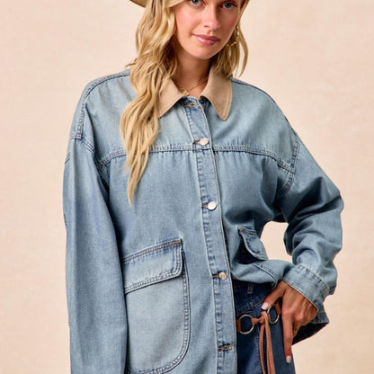 BiBi Women's Washed Denim Jacket with Contrast Collar-Trendsi - Solazura Boutique