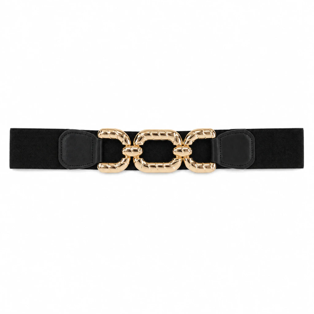 Black elastic waist belt with a textured gold chain buckle displayed on a white background.
