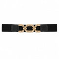 Black elastic waist belt with a textured gold chain buckle displayed on a white background.