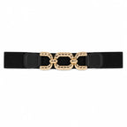 Black elastic waist belt with a textured gold chain buckle displayed on a white background.