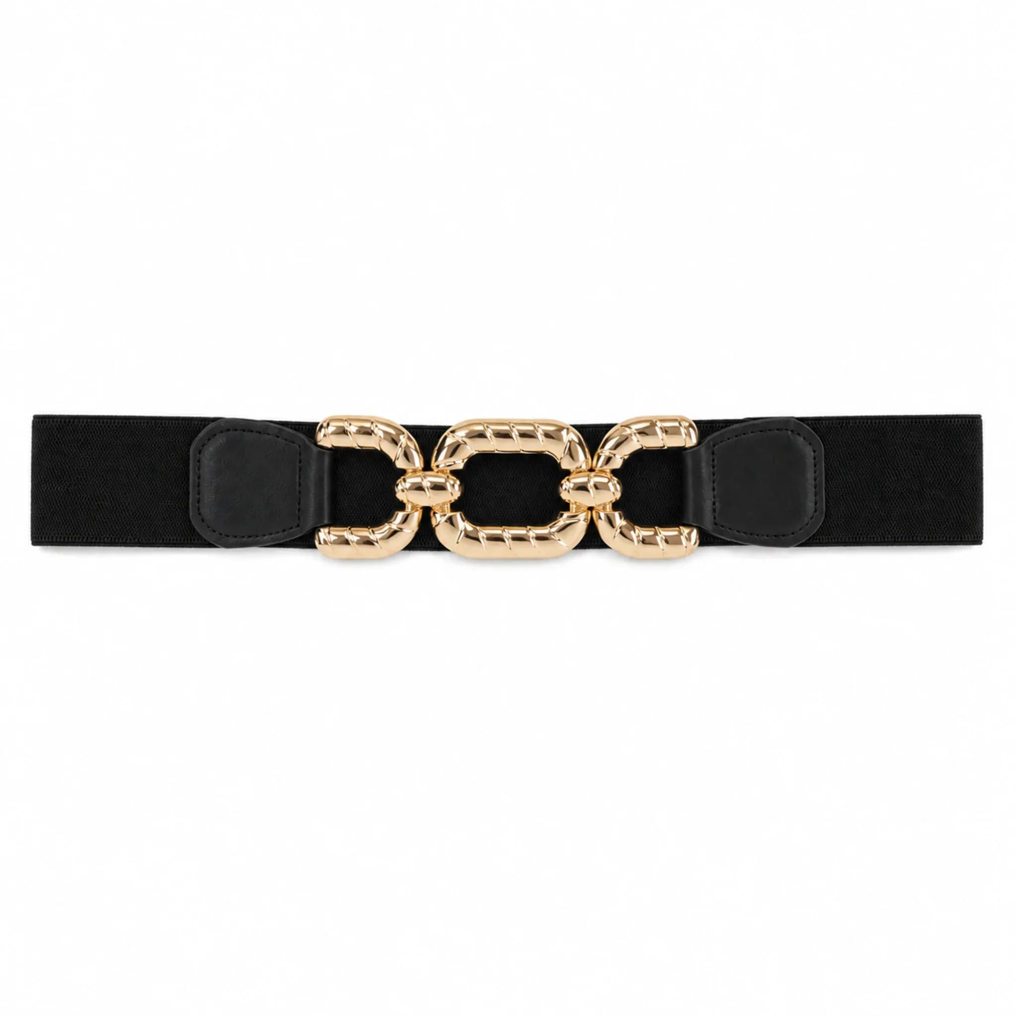 Black elastic waist belt with a textured gold chain buckle displayed on a white background.