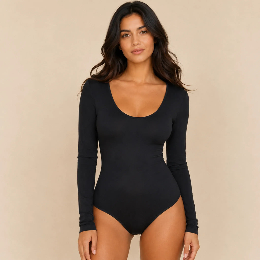 Women's black scoop neck long sleeve bodysuit with a sleek fitted silhouette.