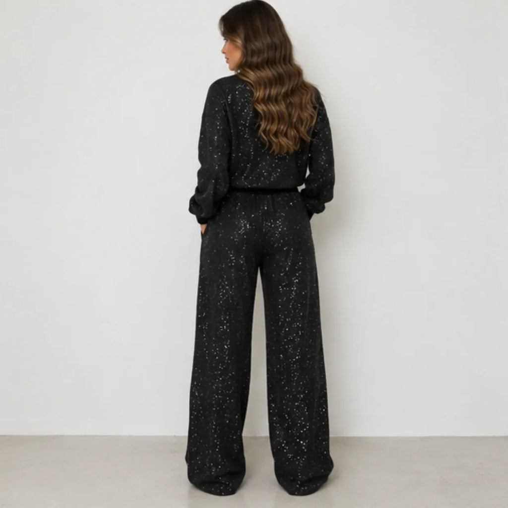 Black sequin long-sleeve sweatshirt and wide-leg pants set for women, back view