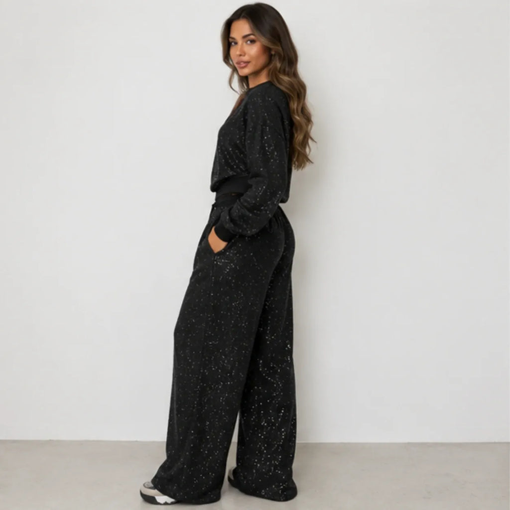 Black sequin long-sleeve sweatshirt and wide-leg pants set for women, side view