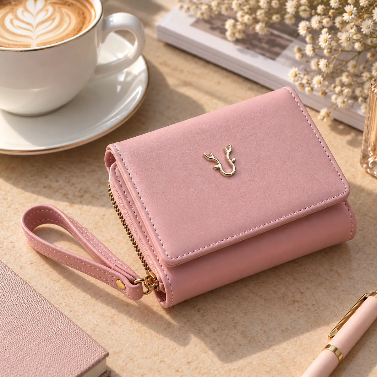 A pink faux-leather wallet with a wrist strap and gold-tone deer emblem, styled on a beige tabletop with a coffee cup, book, and pen nearby.
