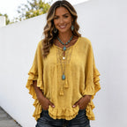 Women's lemon yellow boho lace trim tassel tie V-neck blouse featuring ruffle sleeves, textured fabric, and a relaxed fit.