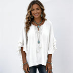 Women's white boho lace trim tassel tie V-neck blouse featuring delicate lace detailing, tassel ties, and a relaxed bohemian fit.