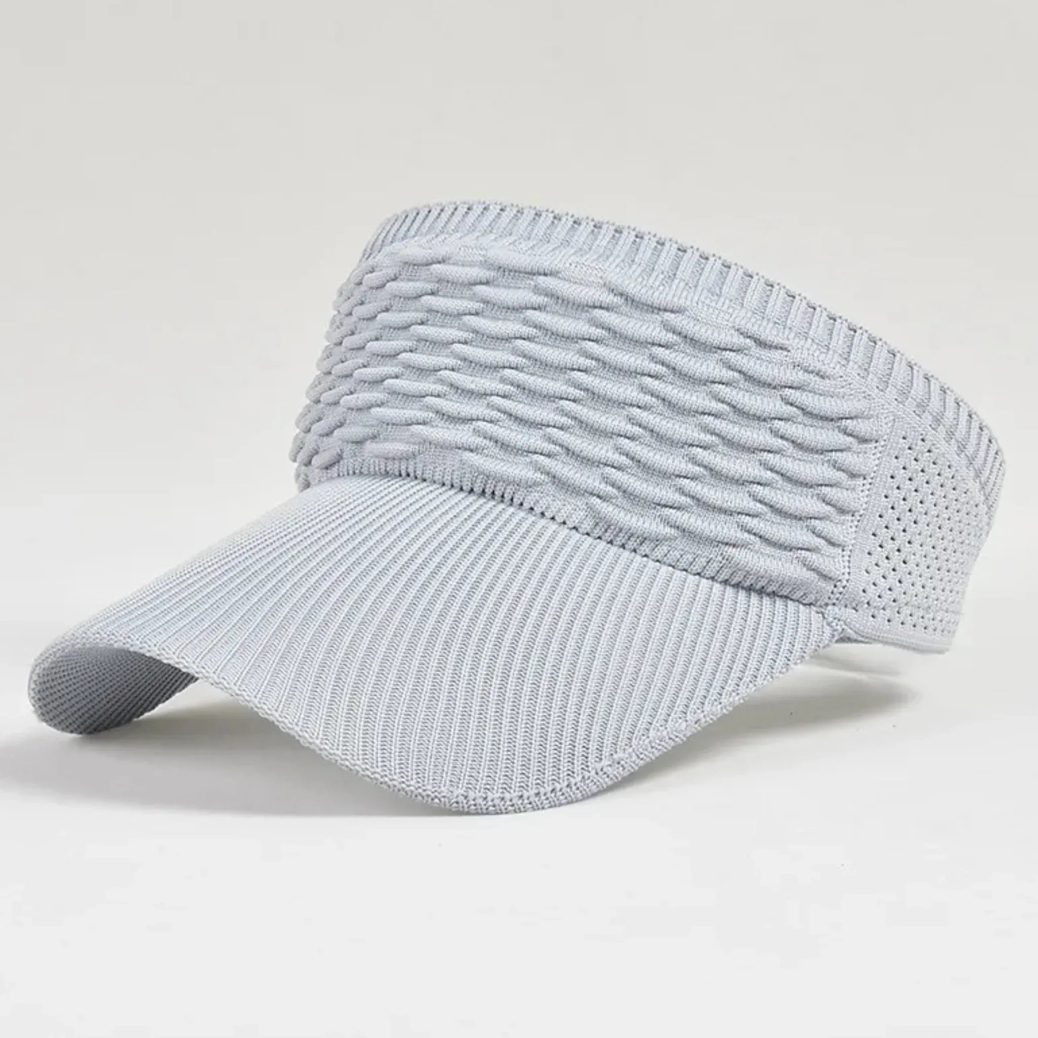 White breathable knit sun visor hat featuring a textured knit finish, curved brim, and breathable open-top design.