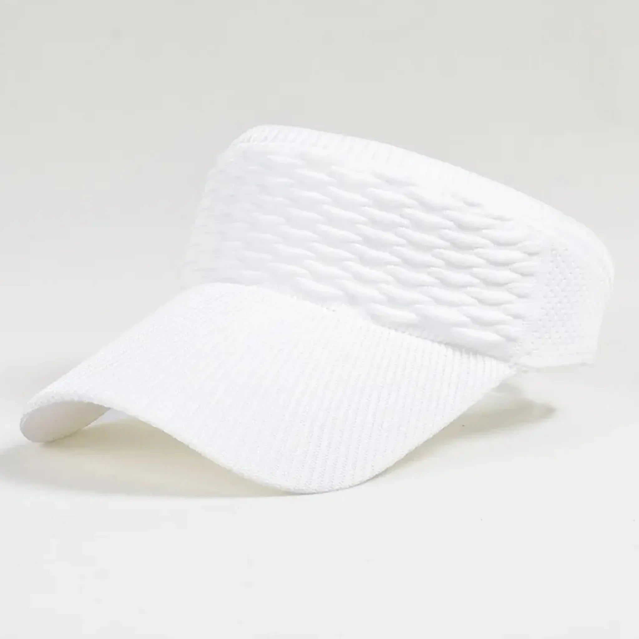 White breathable knit sun visor hat featuring a textured knit finish, curved brim, and breathable open-top design.