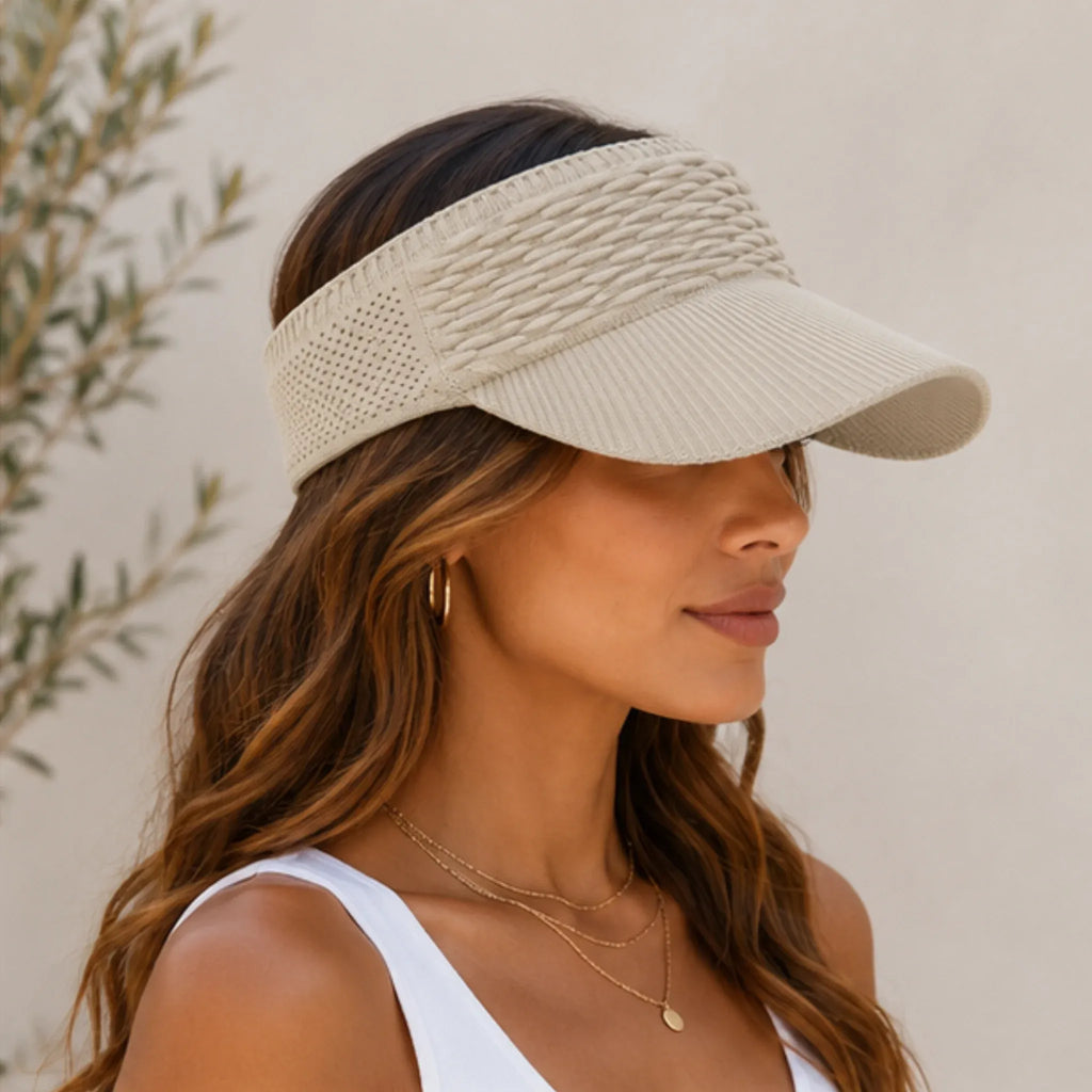 Side view of the khaki breathable knit sun visor hat showcasing the breathable knit sides and curved sun visor.