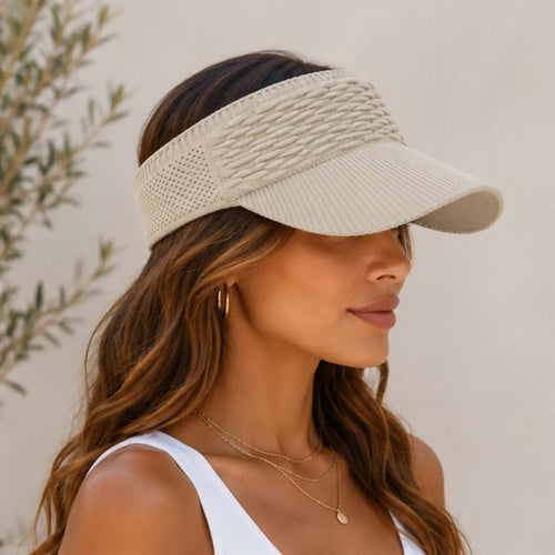 Side view of the khaki breathable knit sun visor hat showcasing the breathable knit sides and curved sun visor.