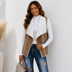 Brown faux suede sherpa-lined vest with soft sherpa trim, front view